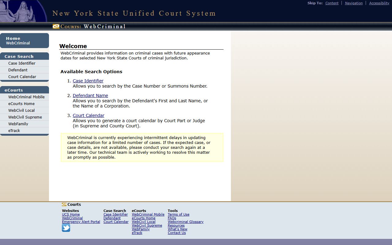 Albany County criminal court records on the WebCrims search portal