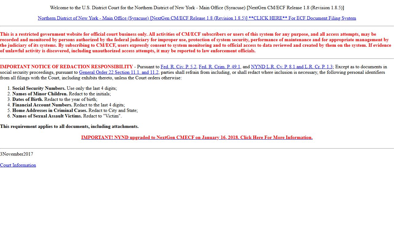 Albany County federal court dockets on the Northern District CM/ECF system